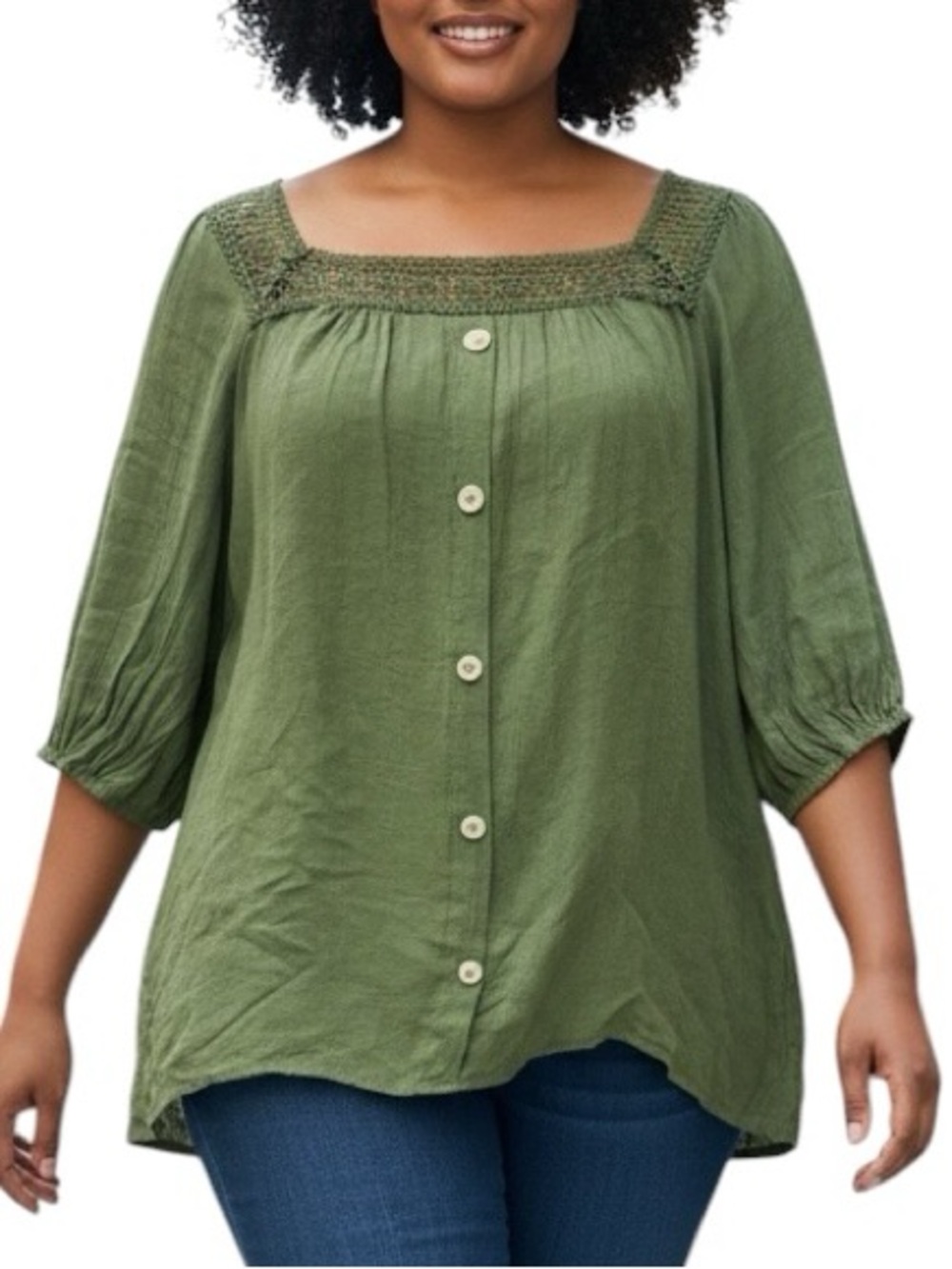 AUW Plus Size Square-Neck Button Front Olive Green Blouse Size 2X